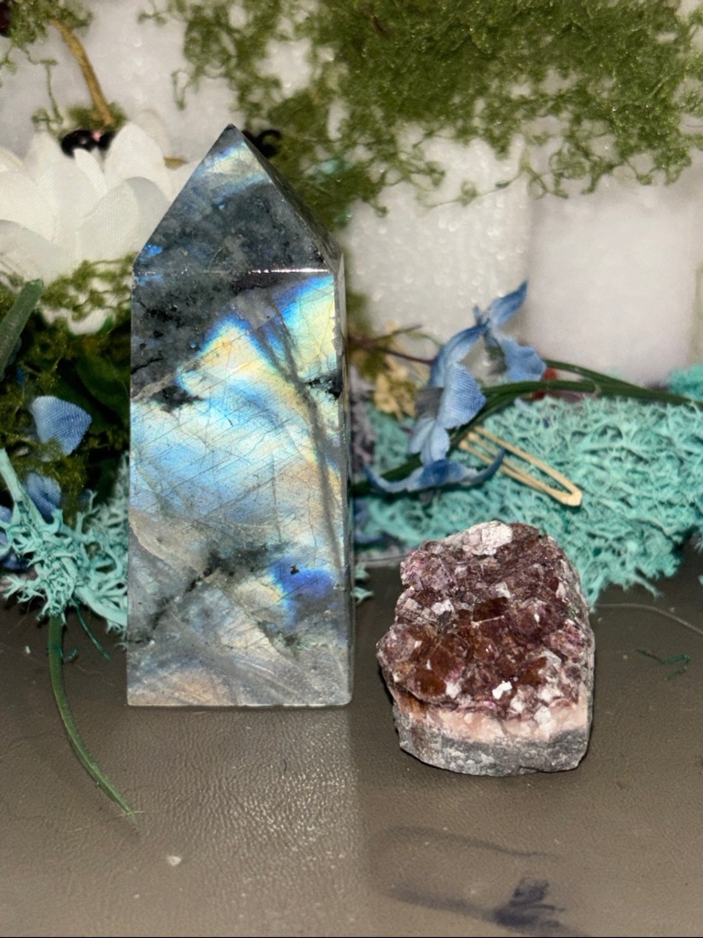 Labradorite tower and Amethyst free form